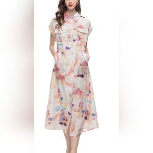 Beulah Style 70’s Rome Shirt Dress Size Small Whit Pockets